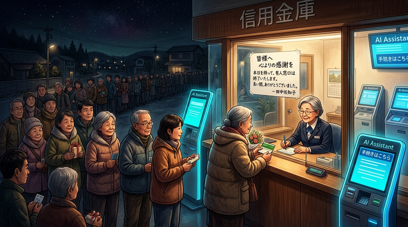 最後の有人銀行窓口が閉鎖——「ありがとう、おねえさん」と書いた張り紙が残った