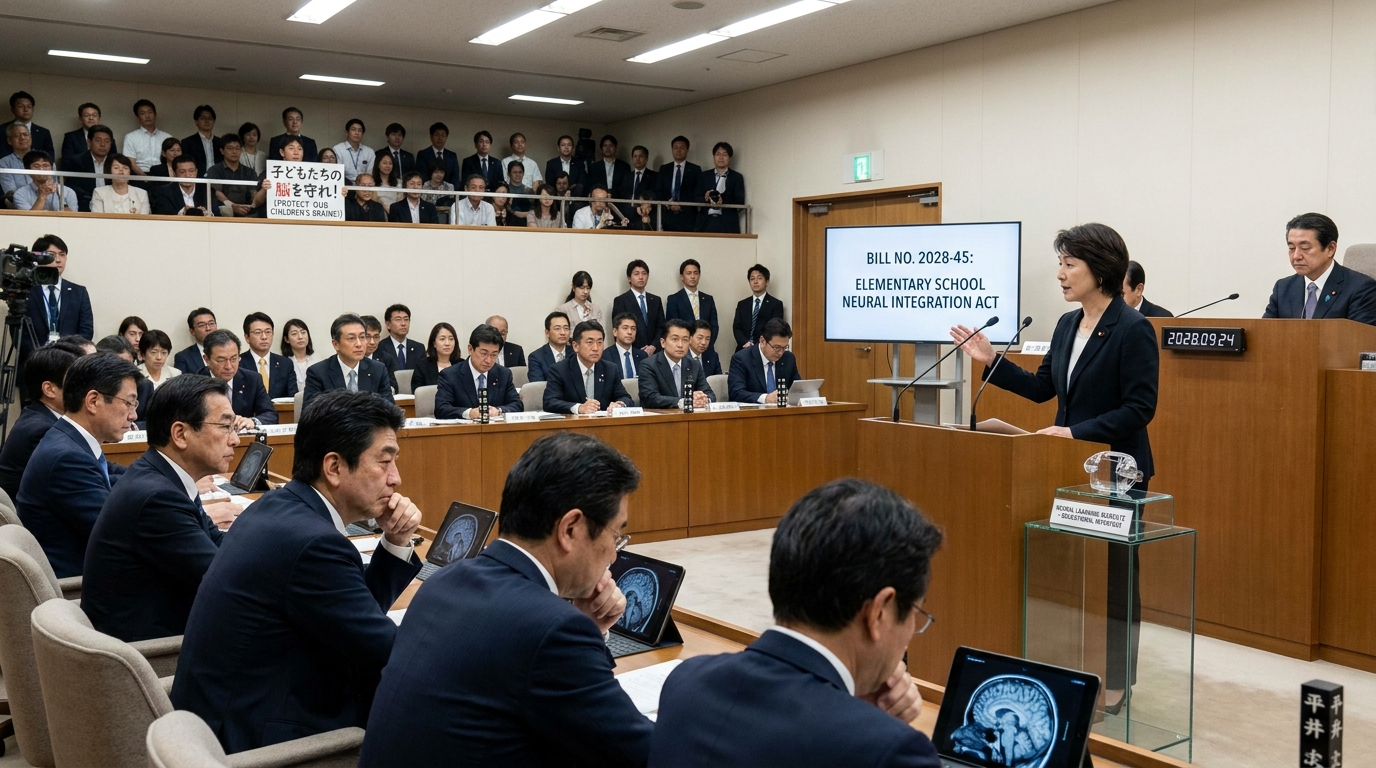 脳直結学習チップ、義務教育へ——2034年、国会が問う「学ぶ」の定義